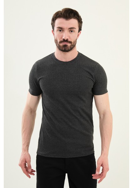 Desenli Antrasit Slim Fit Bisiklet Yaka Erkek T-Shirt