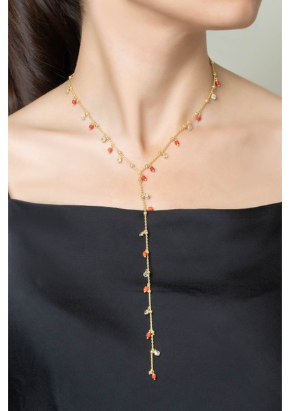 Ikonik Mercan 18 Ayar Sarı Altın Kaplama 43 cm Gümüş Y Kolye