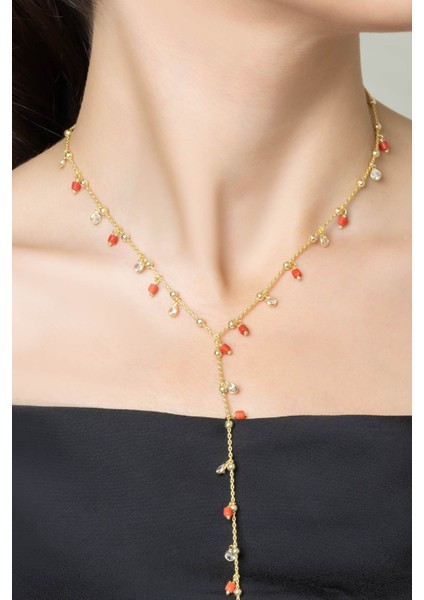 Ikonik Mercan 18 Ayar Sarı Altın Kaplama 43 cm Gümüş Y Kolye modelleri