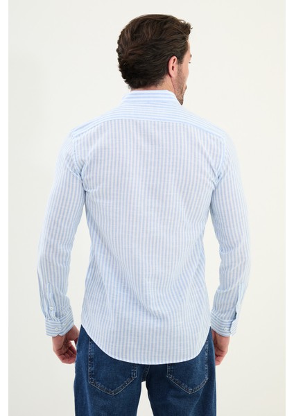 Çizgili Slim Fit Uzun Kollu Keten Erkek Gömlek modelleri