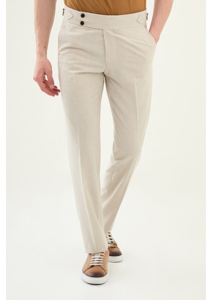 Düz Taş Rengi Slim Fit Beli Tokalı Erkek Pantolon