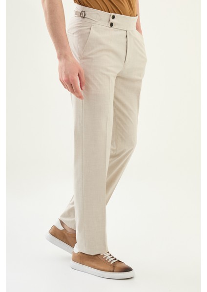 Düz Taş Rengi Slim Fit Beli Tokalı Erkek Pantolon modelleri