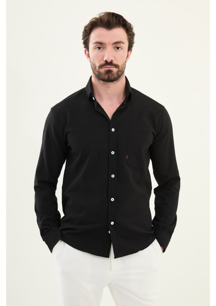 Gofreli Siyah Slim Fit Pamuk Erkek Gömlek