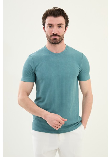Desenli Açık Yeşil Slim Fit Bisiklet Yaka Erkek T-Shirt