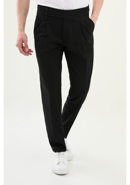 Pileli Siyah Super Slim Fit Beli Tokalı Erkek Pantolon
