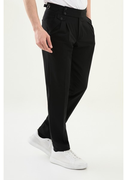 Pileli Siyah Super Slim Fit Beli Tokalı Erkek Pantolon modelleri