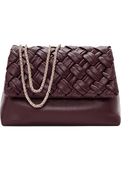 Kadın Bordo Uzun Zincir Askılı Örgülü Çapraz Çanta 25WBD290329