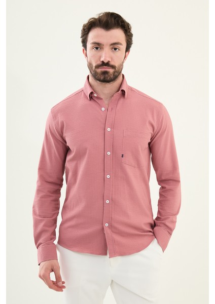 Gofreli Pembe Slim Fit Pamuk Erkek Gömlek