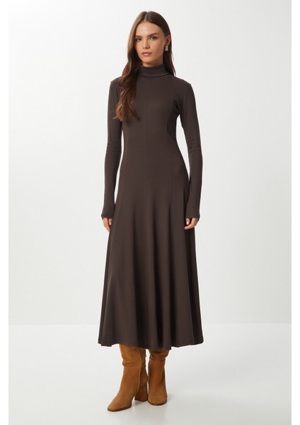 Kloş Uzun Modal Elbise LUB0235 Kahverengi