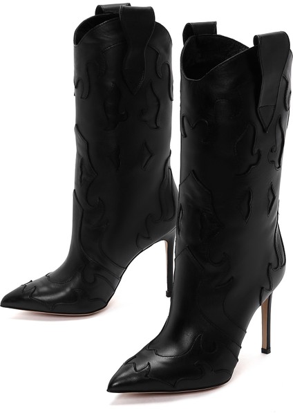 Kadın Siyah Desenli Ince Topuklu Deri Çizme 25WFD120418 modelleri