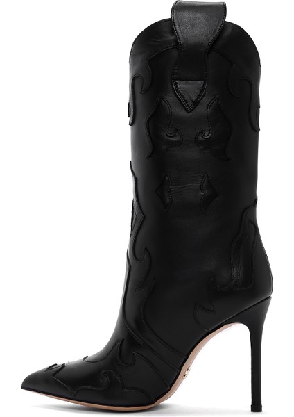 Kadın Siyah Desenli Ince Topuklu Deri Çizme 25WFD120418 indirimleri