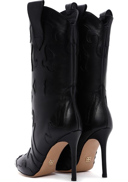 Kadın Siyah Desenli Ince Topuklu Deri Çizme 25WFD120418