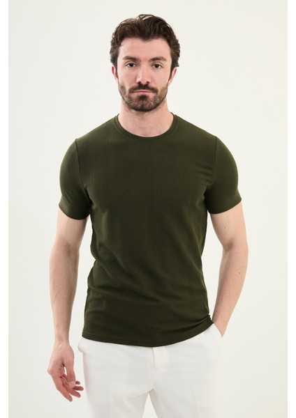Desenli Haki Slim Fit Bisiklet Yaka Erkek T-Shirt