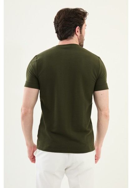 Desenli Haki Slim Fit Bisiklet Yaka Erkek T-Shirt modelleri