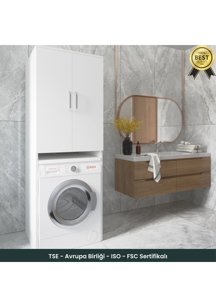 B3CONCEPT Geniş Hacimli 2 Kapaklı 2 Raflı - Kolay Kurulum - Çamaşır Makinesi Dolabı Beyaz