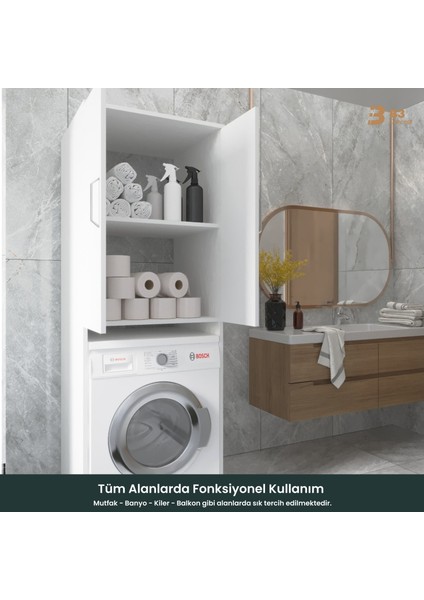 B3CONCEPT Geniş Hacimli 2 Kapaklı 2 Raflı - Kolay Kurulum - Çamaşır Makinesi Dolabı Beyaz fırsatları