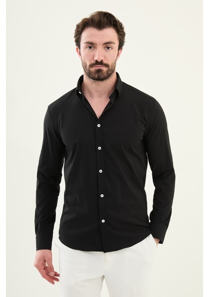 Gofreli Siyah Slim Fit Pamuk Erkek Gömlek