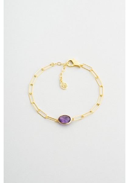 Doğal Ametist Taşlı 18 Ayar Sarı Altın Kaplama 21 cm Gümüş Zincir Bileklik