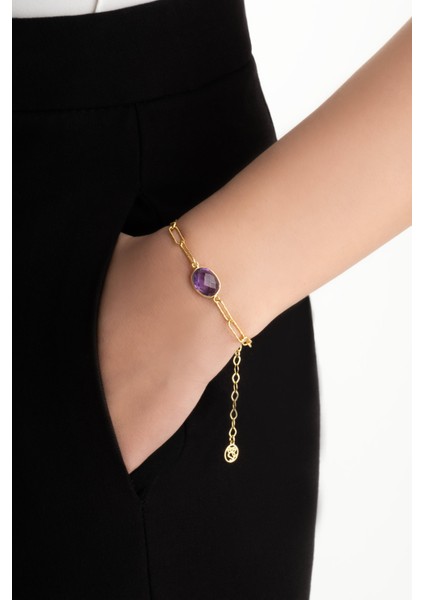 Doğal Ametist Taşlı 18 Ayar Sarı Altın Kaplama 21 cm Gümüş Zincir Bileklik fiyatları
