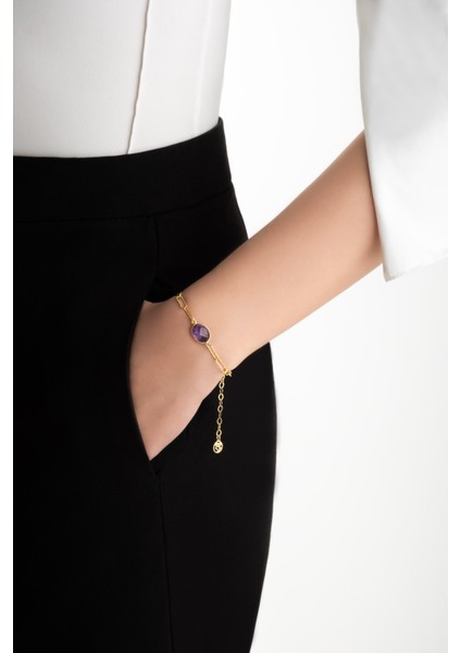 Doğal Ametist Taşlı 18 Ayar Sarı Altın Kaplama 21 cm Gümüş Zincir Bileklik fırsatları