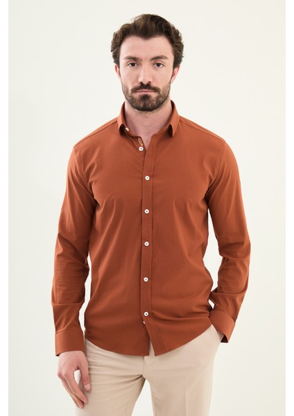 Gofreli Kiremit Slim Fit Pamuk Erkek Gömlek