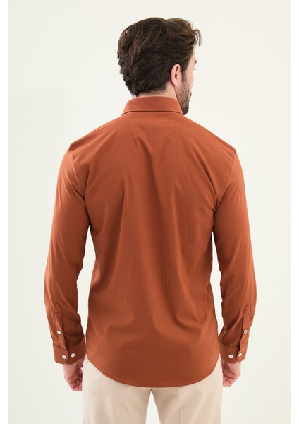 Gofreli Kiremit Slim Fit Pamuk Erkek Gömlek modelleri