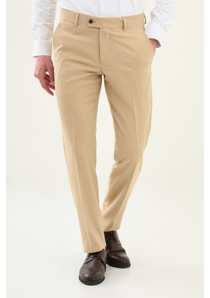 Desenli Bej Slim Fit Klasik Erkek Pantolon