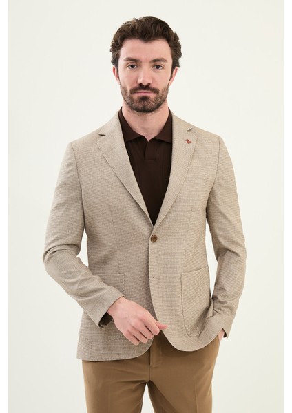 Desenli Bej Slim Fit Torba Cep Mono Yaka Keten Erkek Ceket modelleri