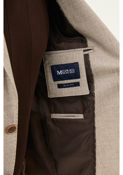 Desenli Bej Slim Fit Torba Cep Mono Yaka Keten Erkek Ceket indirimleri