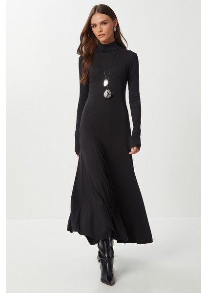 Kloş Uzun Modal Elbise LUB0235 Siyah