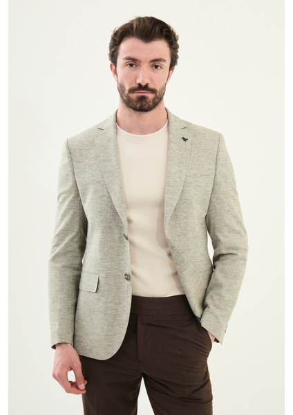 Kırçıllı Haki Slim Fit Mono Yaka Keten Erkek Ceket