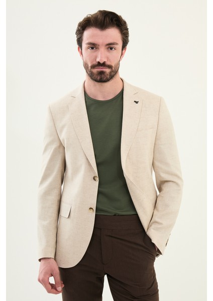 Kırçıllı Bej Slim Fit Mono Yaka Keten Erkek Ceket