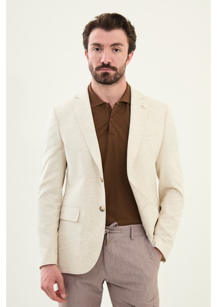 Kırçıllı Ekru Slim Fit Mono Yaka Keten Erkek Ceket