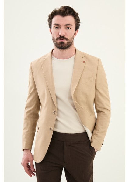 Düz Bej Slim Fit Mono Yaka Keten Erkek Ceket