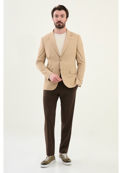 Düz Bej Slim Fit Mono Yaka Keten Erkek Ceket modelleri