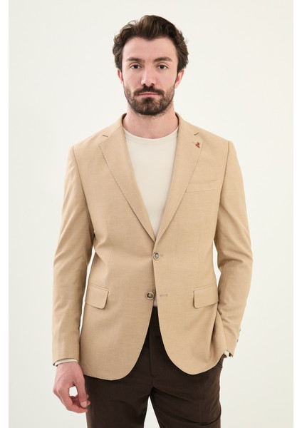 Düz Bej Slim Fit Mono Yaka Keten Erkek Ceket fırsatları