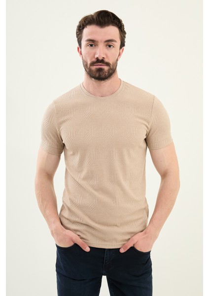 Desenli Bej Slim Fit Bisiklet Yaka Erkek T-Shirt