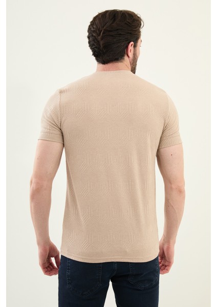 Desenli Bej Slim Fit Bisiklet Yaka Erkek T-Shirt modelleri
