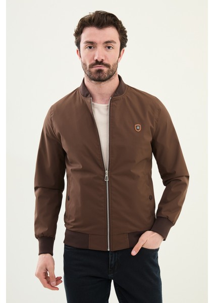 Düz Kahverengi Slim Fit Hakim Yaka Erkek Mont