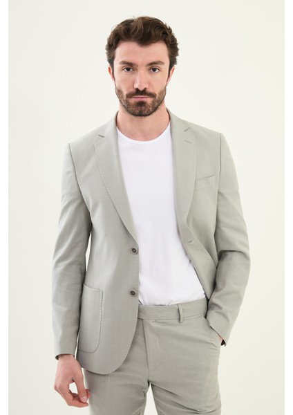 Desenli Gri Slim Fit Torba Cep Mono Yaka Erkek Takım Elbise