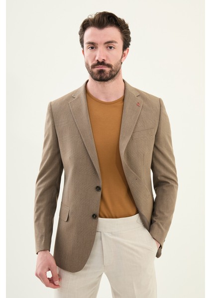 Ekoseli Kahverengi Slim Fit Mono Yaka Erkek Ceket