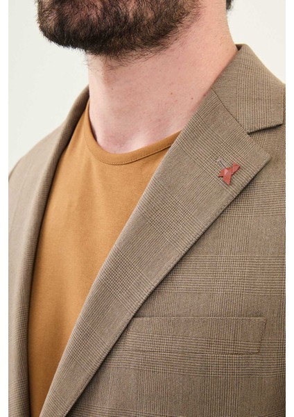 Ekoseli Kahverengi Slim Fit Mono Yaka Erkek Ceket fiyatları