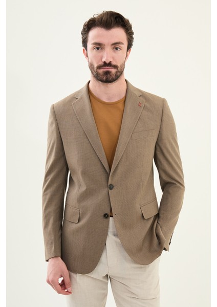 Ekoseli Kahverengi Slim Fit Mono Yaka Erkek Ceket fırsatları