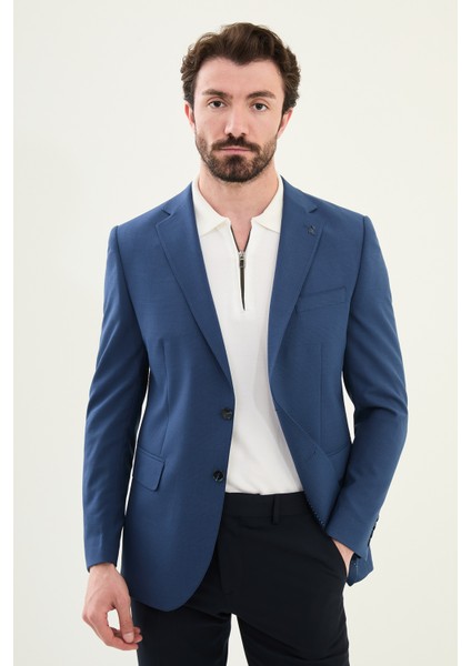Ekoseli Lacivert Slim Fit Mono Yaka Erkek Ceket