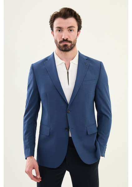 Ekoseli Lacivert Slim Fit Mono Yaka Erkek Ceket fırsatları
