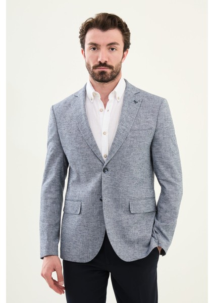 Kırçıllı Lacivert Slim Fit Mono Yaka Keten Erkek Ceket