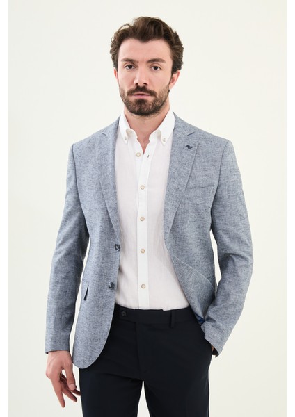 Kırçıllı Lacivert Slim Fit Mono Yaka Keten Erkek Ceket fırsatları
