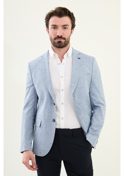 Kırçıllı Mavi Slim Fit Mono Yaka Keten Erkek Ceket