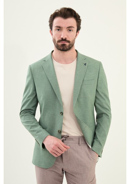 Düz Haki Slim Fit Mono Yaka Keten Erkek Ceket