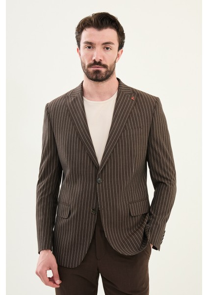 Çizgili Kahverengi Slim Fit Geniş Yaka Erkek Ceket